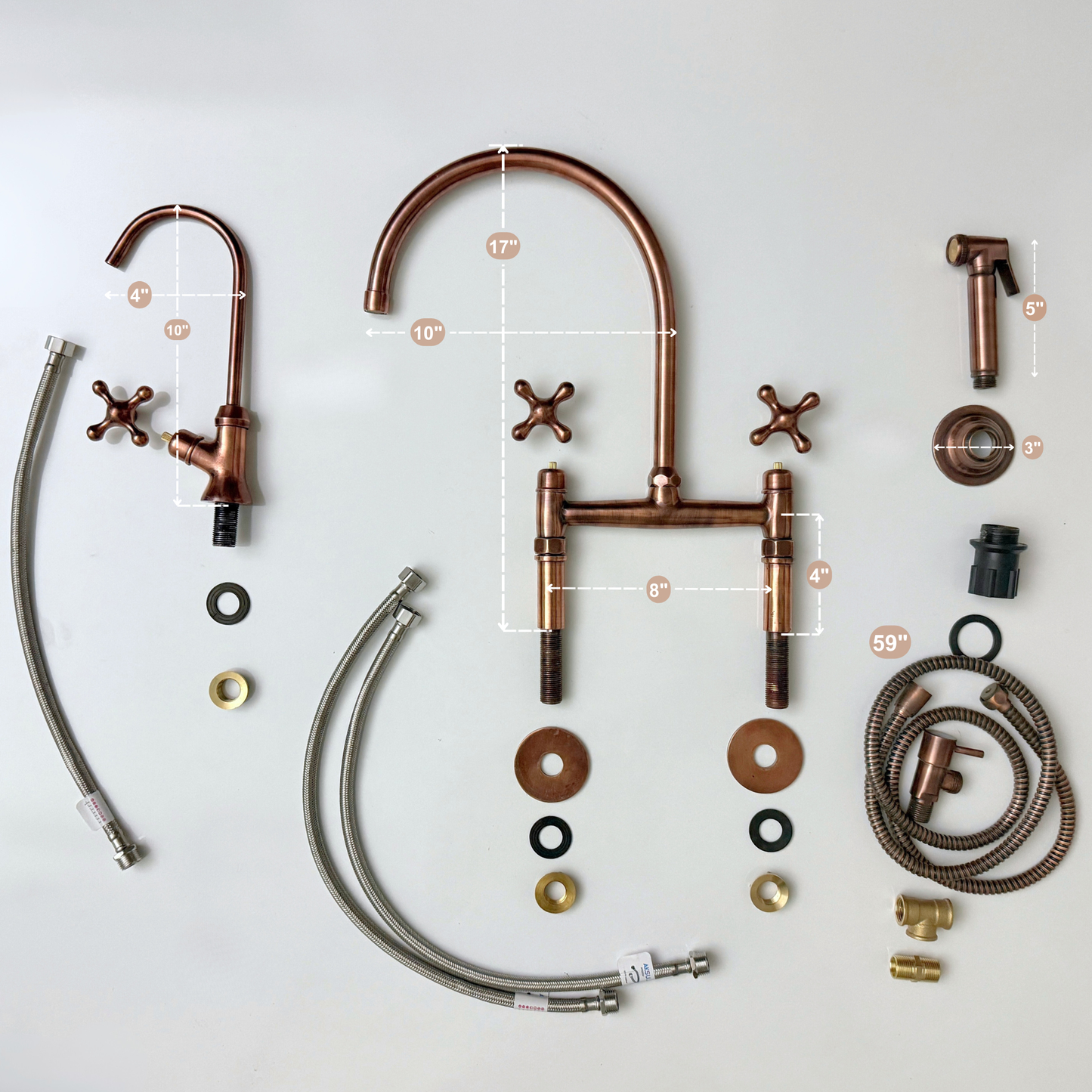 Antique Copper Bridge Faucet with Sprayer, Drinking Water Tap and Cross Handles