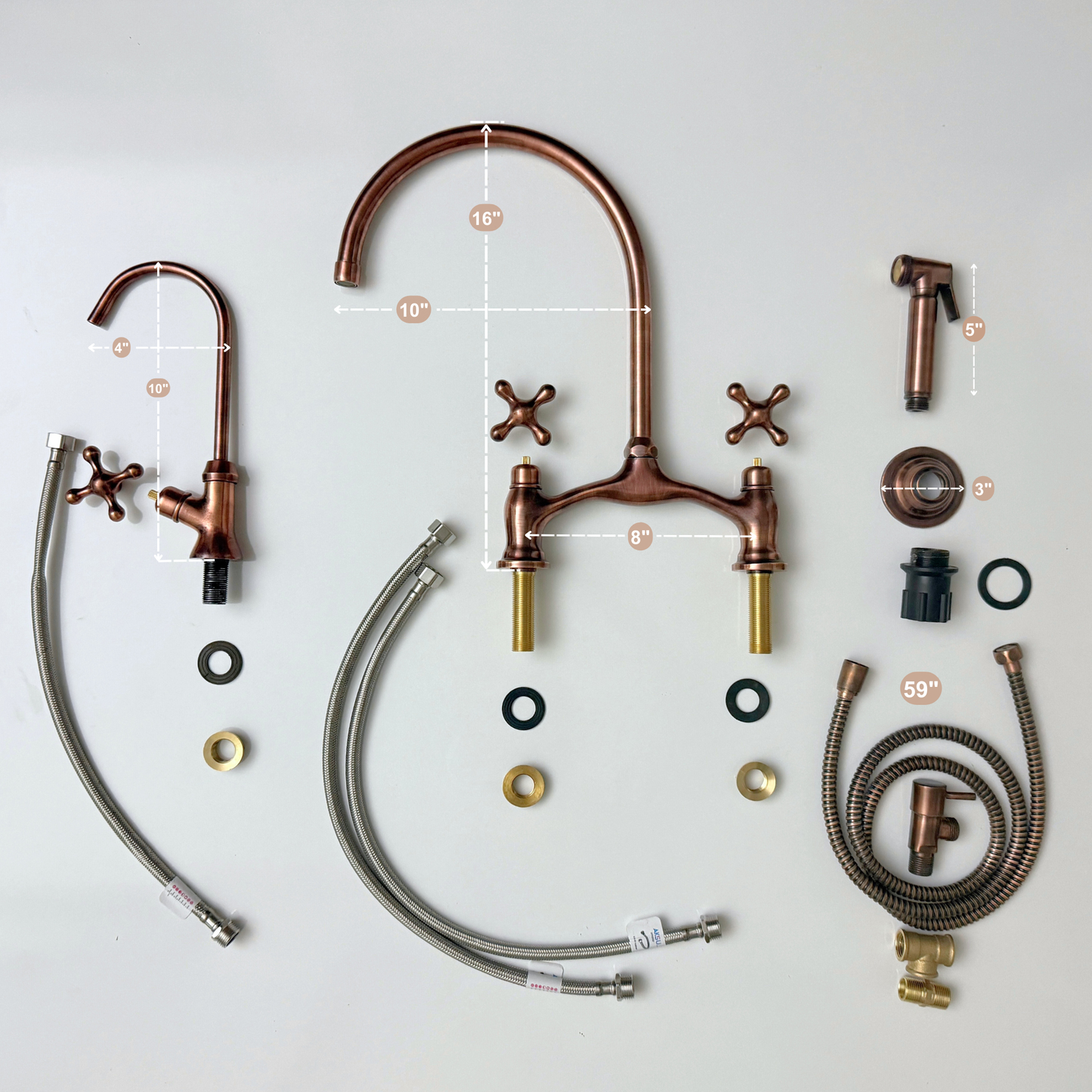 Antique Copper Kitchen Bridge Faucet with Sprayer, Drinking Water Tap and Cross Handles