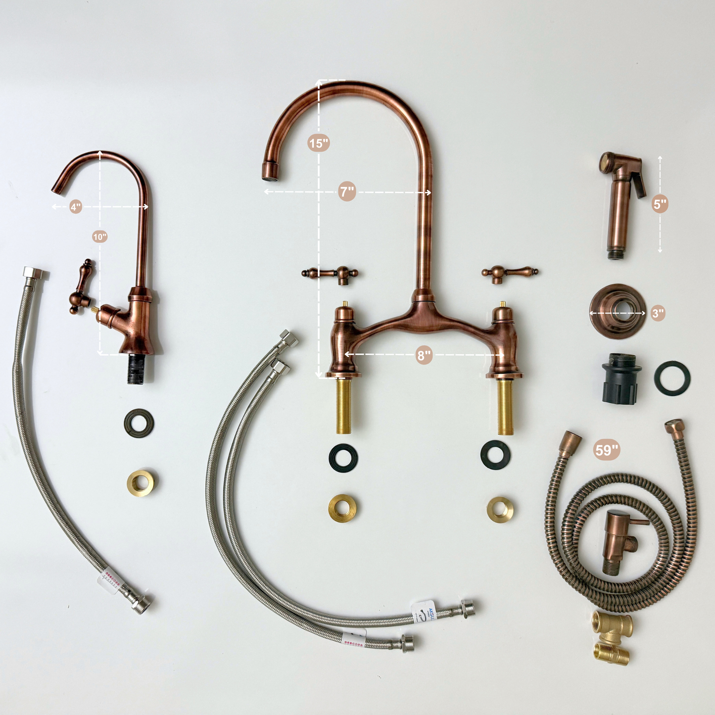 Antique Copper Kitchen Bridge Faucet with Drinking Water Tap, Sprayer, and Lever Handles