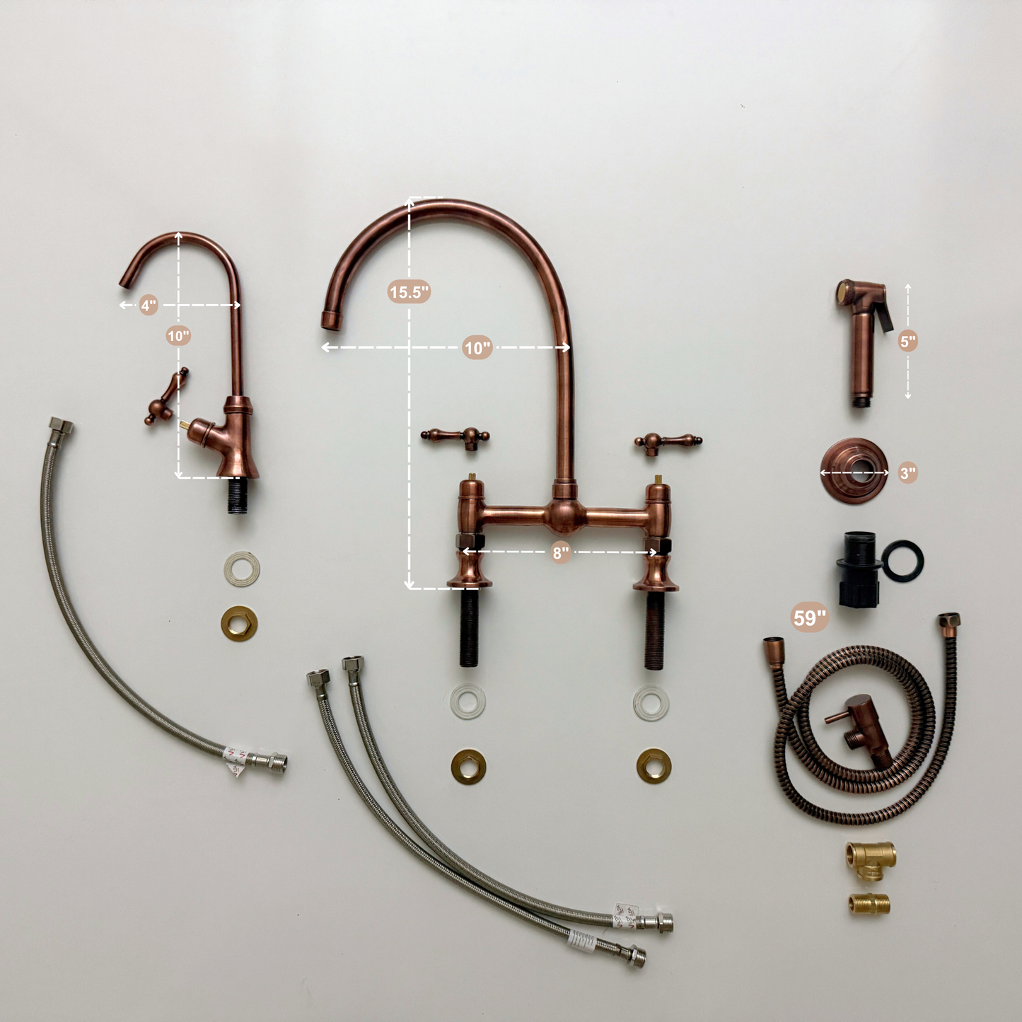 Antique Copper Bridge Vintage Kitchen Faucet with Ball Center, Sprayer, Cold Water Faucet and Lever Handles