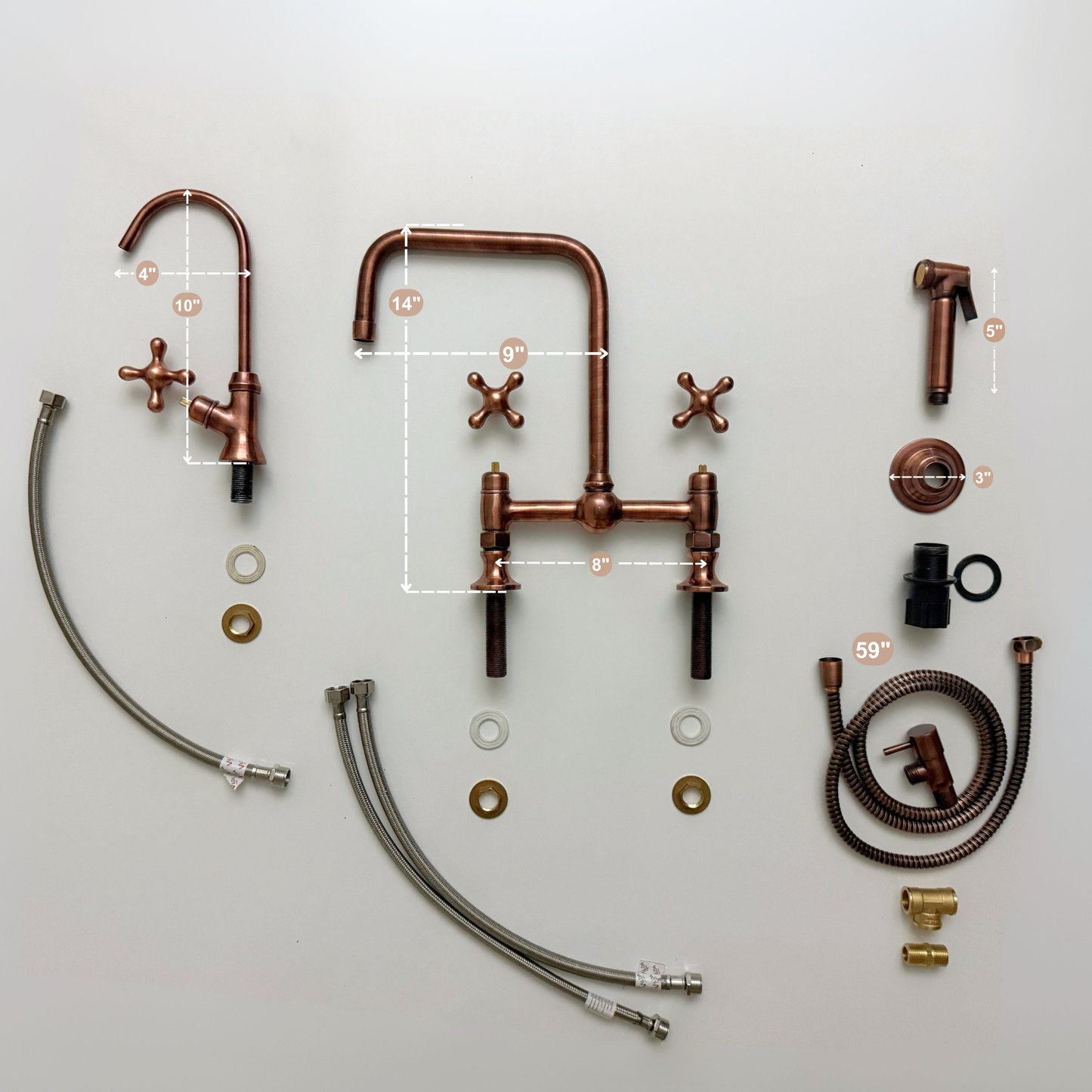 Antique Copper Classic Bridge Faucet with Ball Center, Sprayer, Cold Water Faucet and Cross Handles