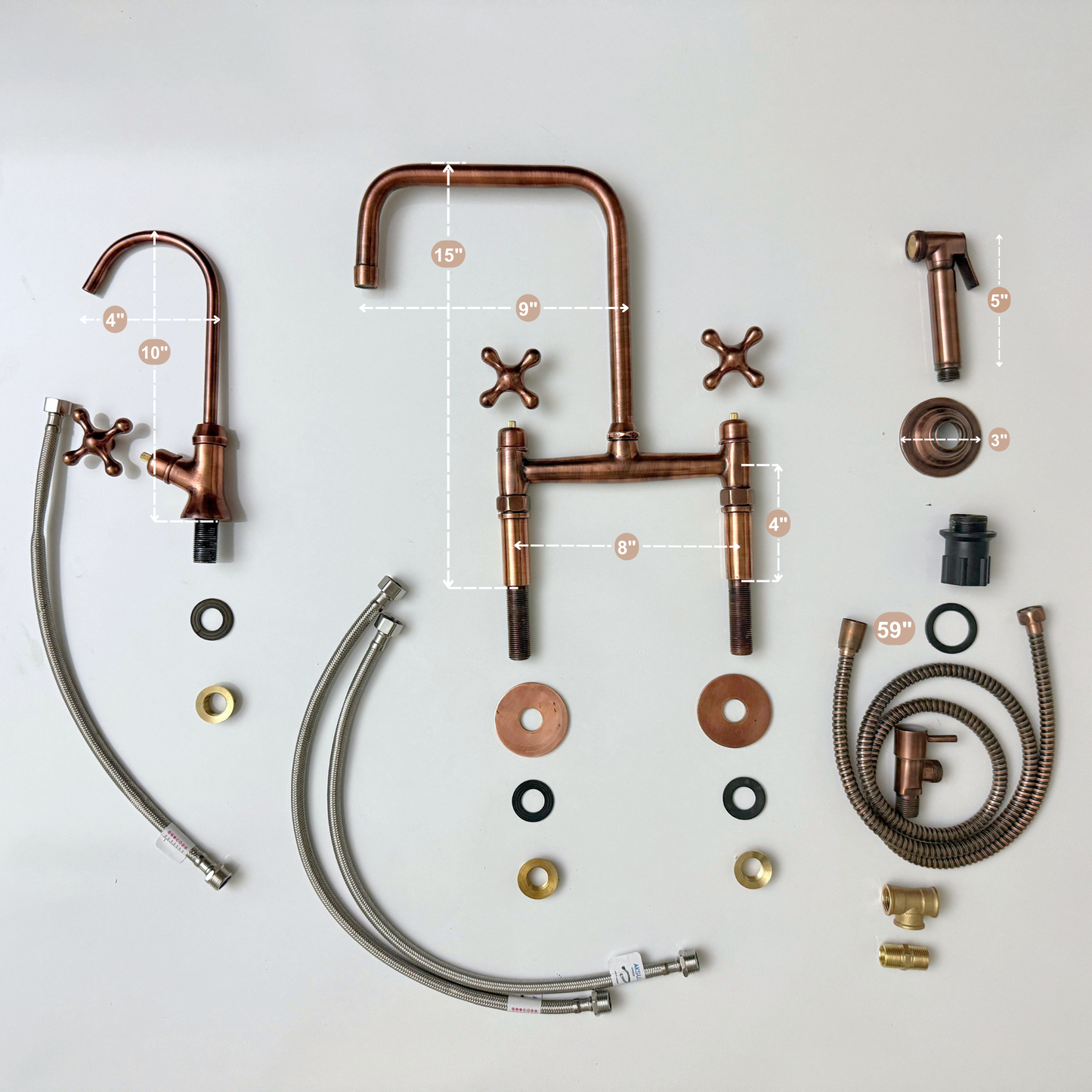 Antique Copper Classic Bridge Faucet with Sprayer, Cold Water Faucet and Cross Handles