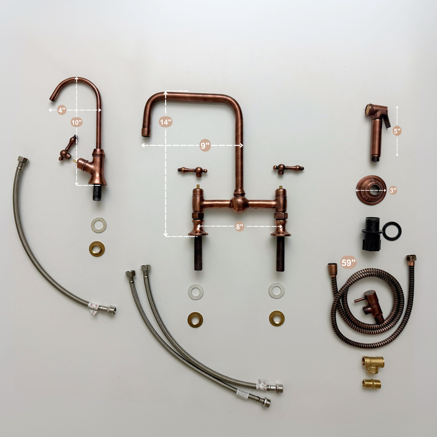 Antique Copper Classic Bridge Faucet with Ball Center, Sprayer, Cold Water Faucet and Lever Handles