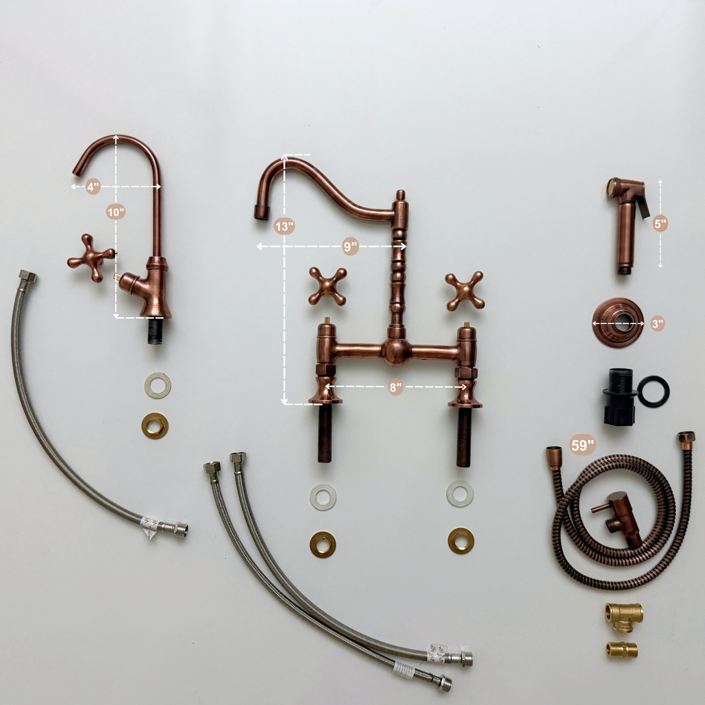 Antique Copper Victorian Bridge Faucet with Ball Center, Sprayer, Cold Water Faucet, and Cross Handles