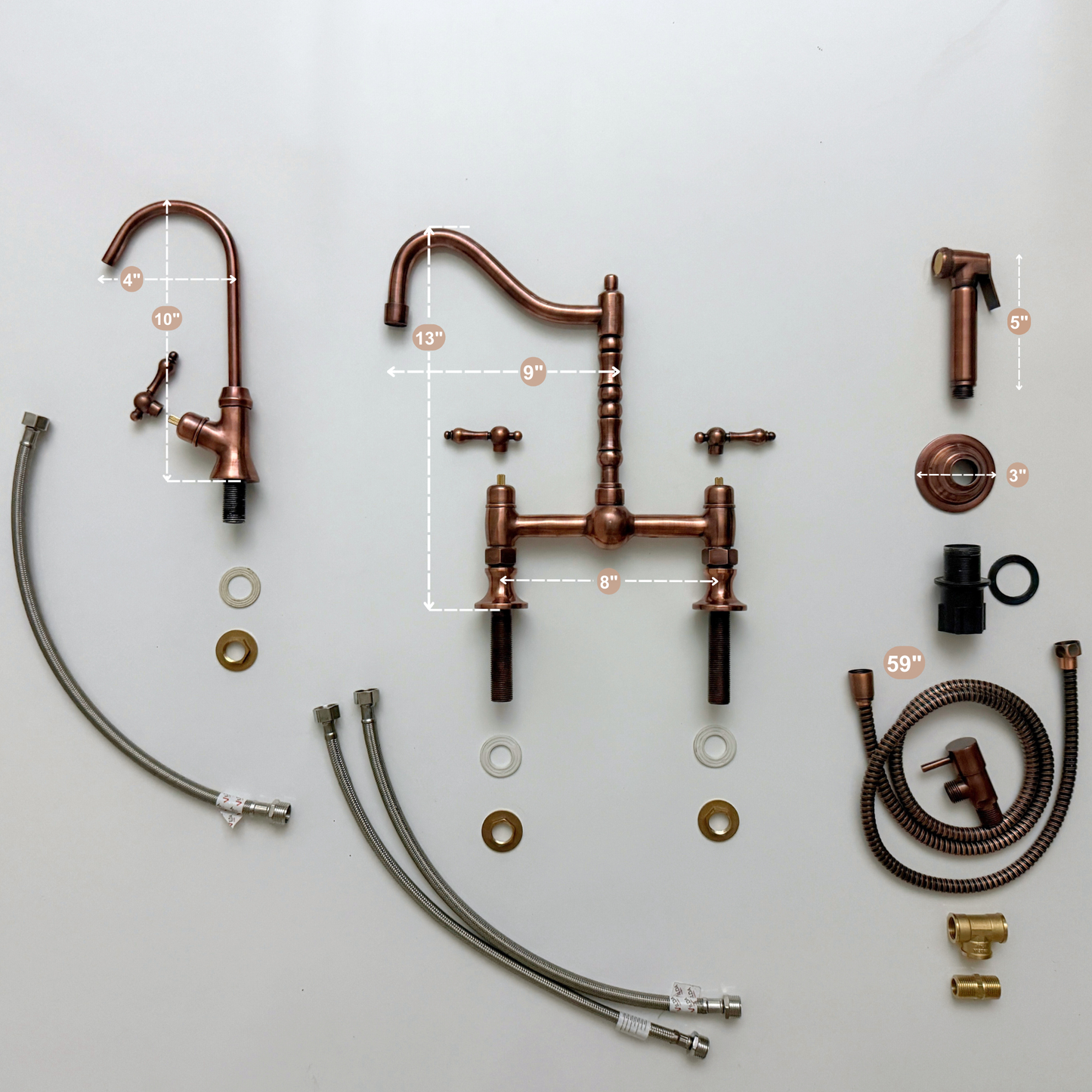 Antique Copper Victorian Bridge Faucet with Ball Center, Sprayer, Cold Water Faucet, and Lever Handles