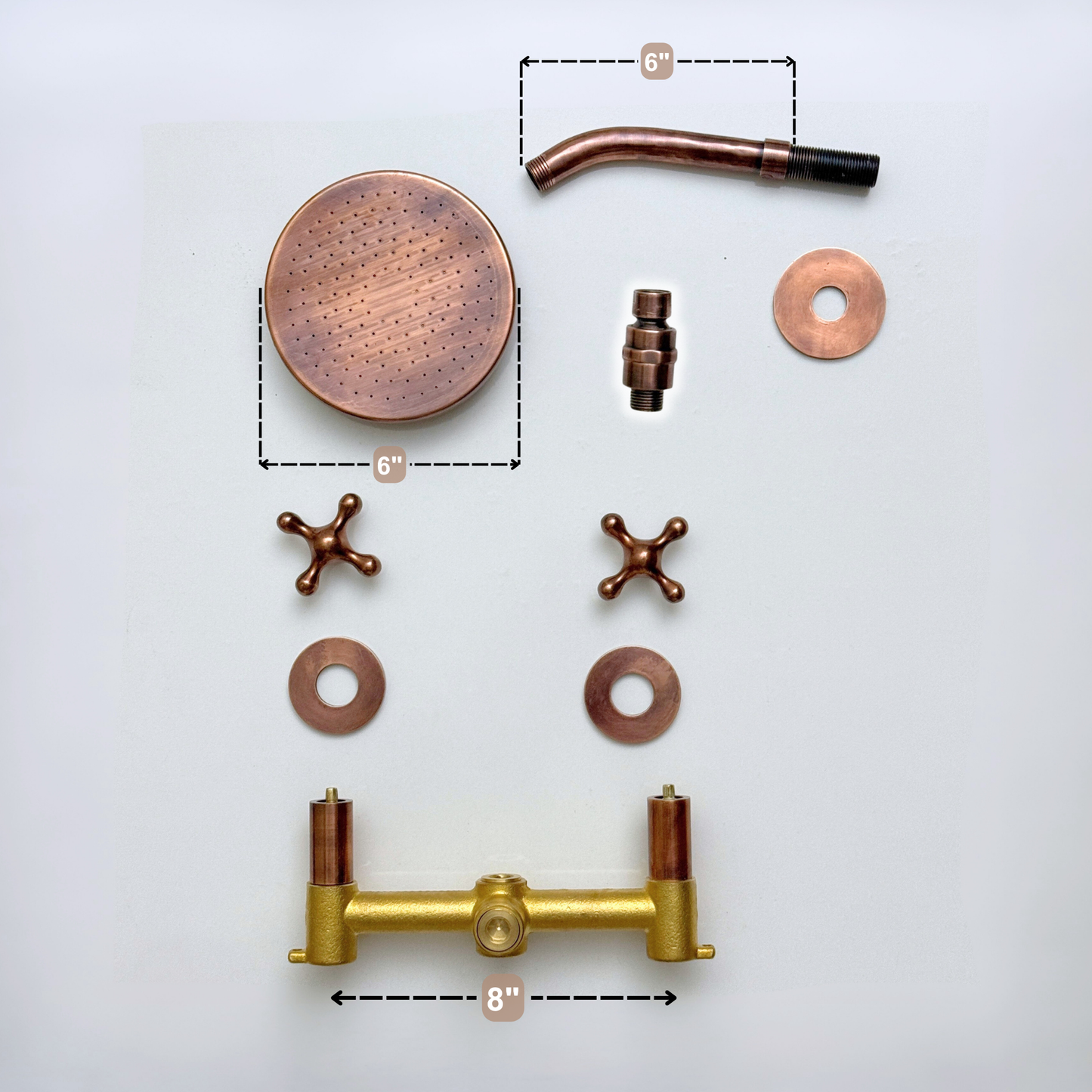 Antique Copper Shower System with Flat Round Rain Adjustable Shower Head, Short Arm and Cross Handles