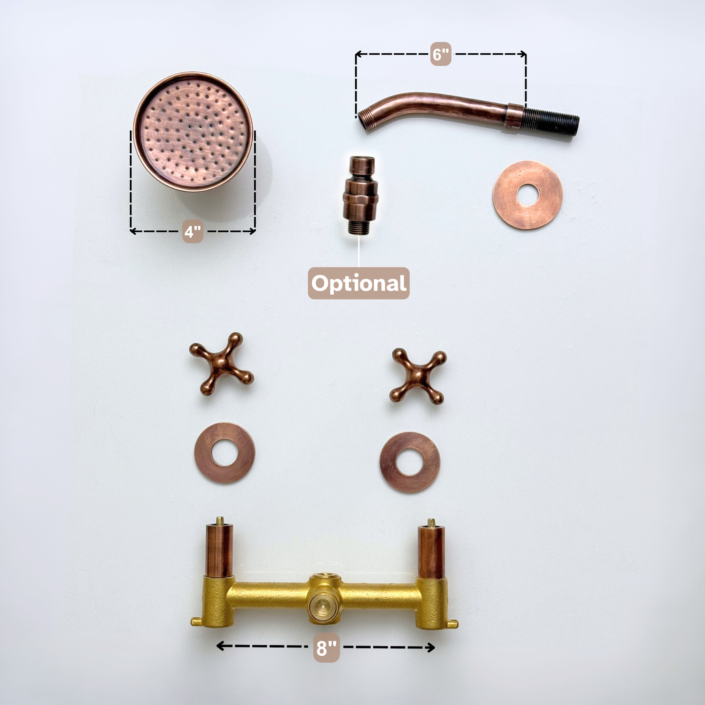 Antique Copper Shower System with Adjustable Round Rain Shower Head, Short Arm and Cross Handles