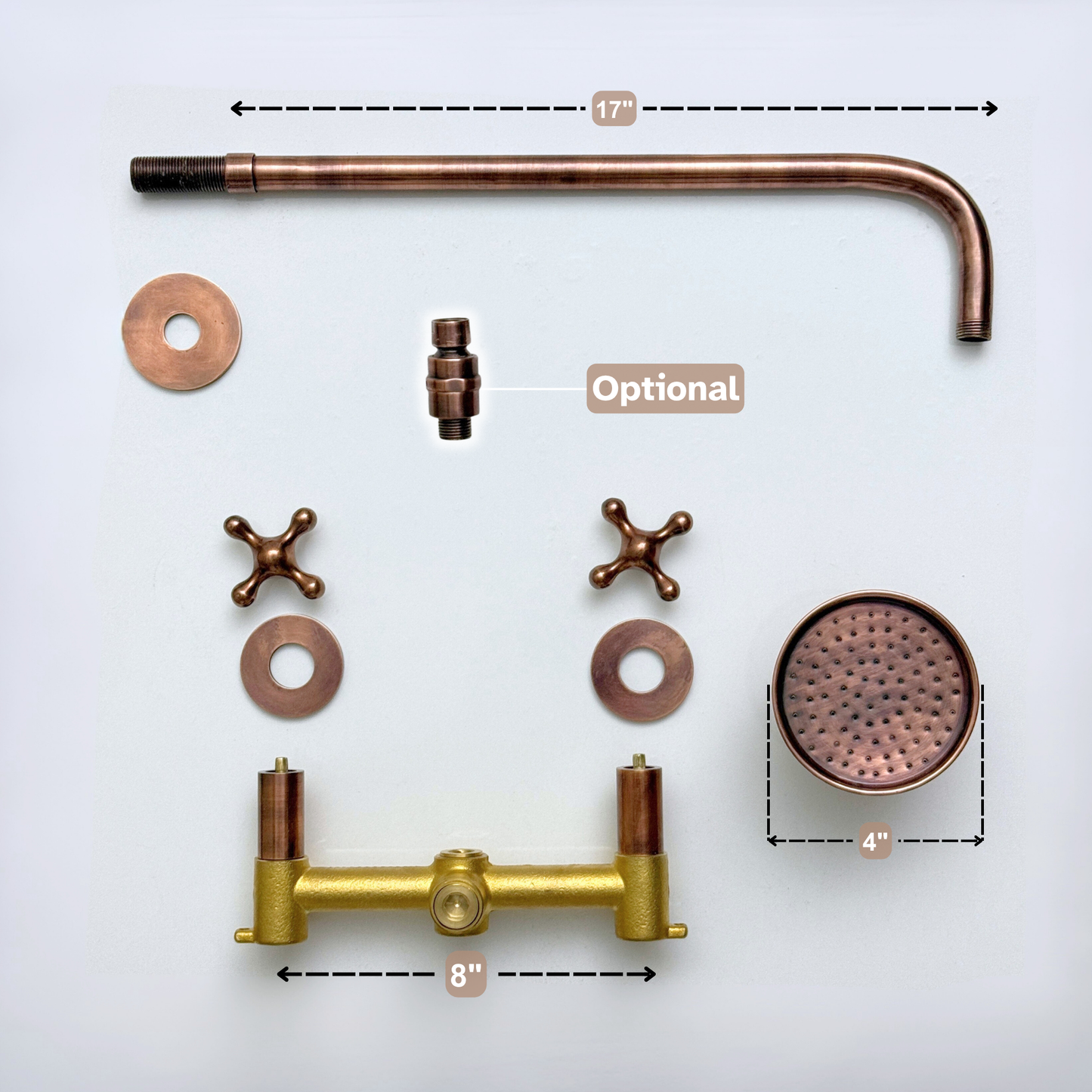 Antique Copper Shower System with Adjustable Round Rain Shower Head, Straight Arm and Cross Handles