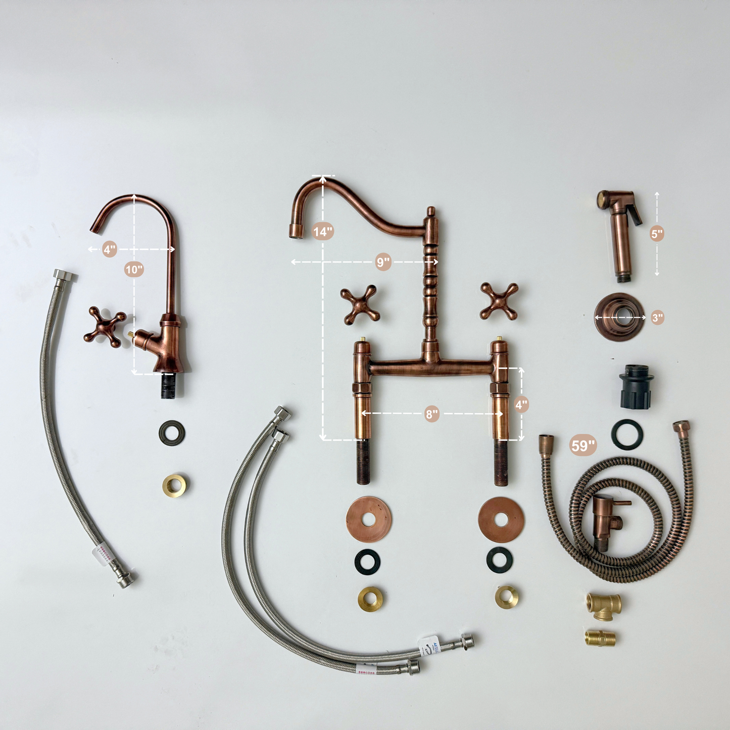 Antique Copper Victorian Bridge Faucet with Sprayer, Cold Water Faucet and Cross Handles