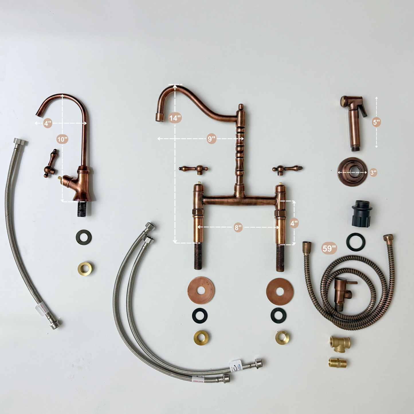 Antique Copper Victorian Bridge Faucet with Sprayer, Cold Water Faucet and Lever Handles