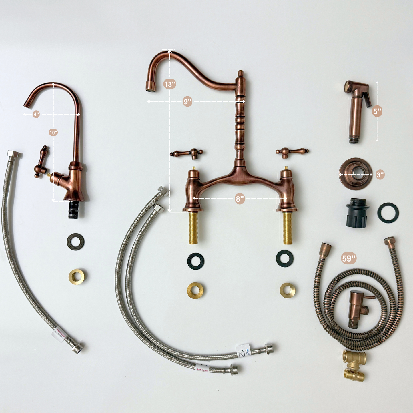 Antique Copper Victorian Bridge Kitchen Faucet with Sprayer, Drinking Water Tap and Lever Handles