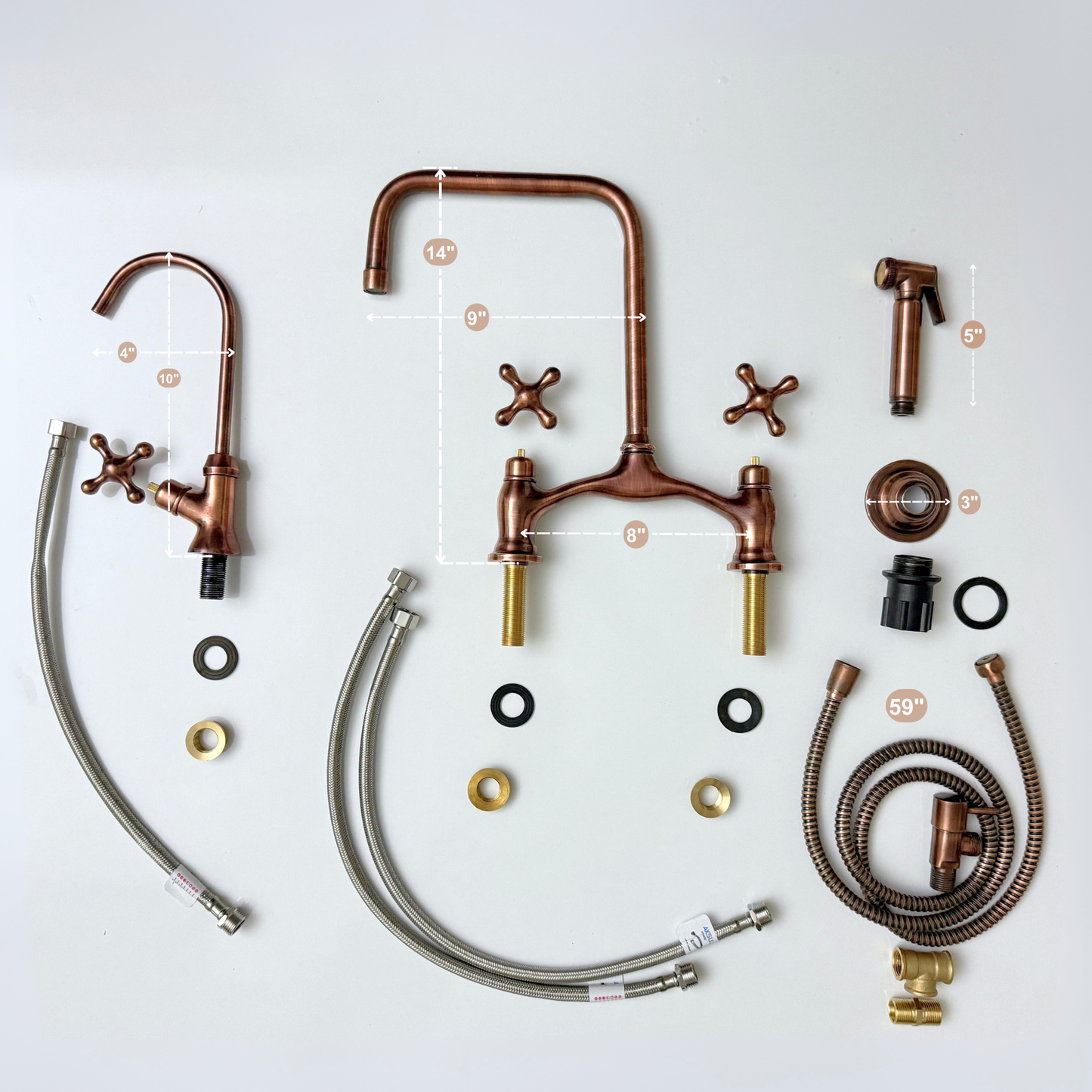 Antique Copper Vintage Bridge Kitchen Faucet with Sprayer, Drinking Water Tap and Cross Handles