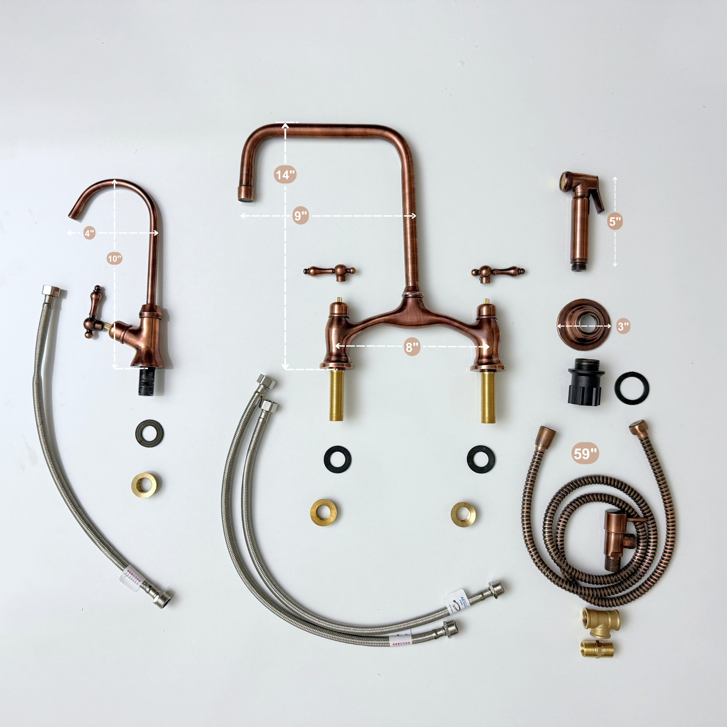 Antique Copper Vintage Bridge Kitchen Faucet with Sprayer, Drinking Water Tap and Lever Handles