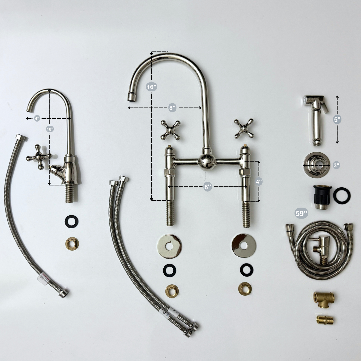 Polished Nickel Kitchen Bridge Faucet with Ball Center, Sprayer, Cold Water Faucet, Straight Legs and Cross Handles