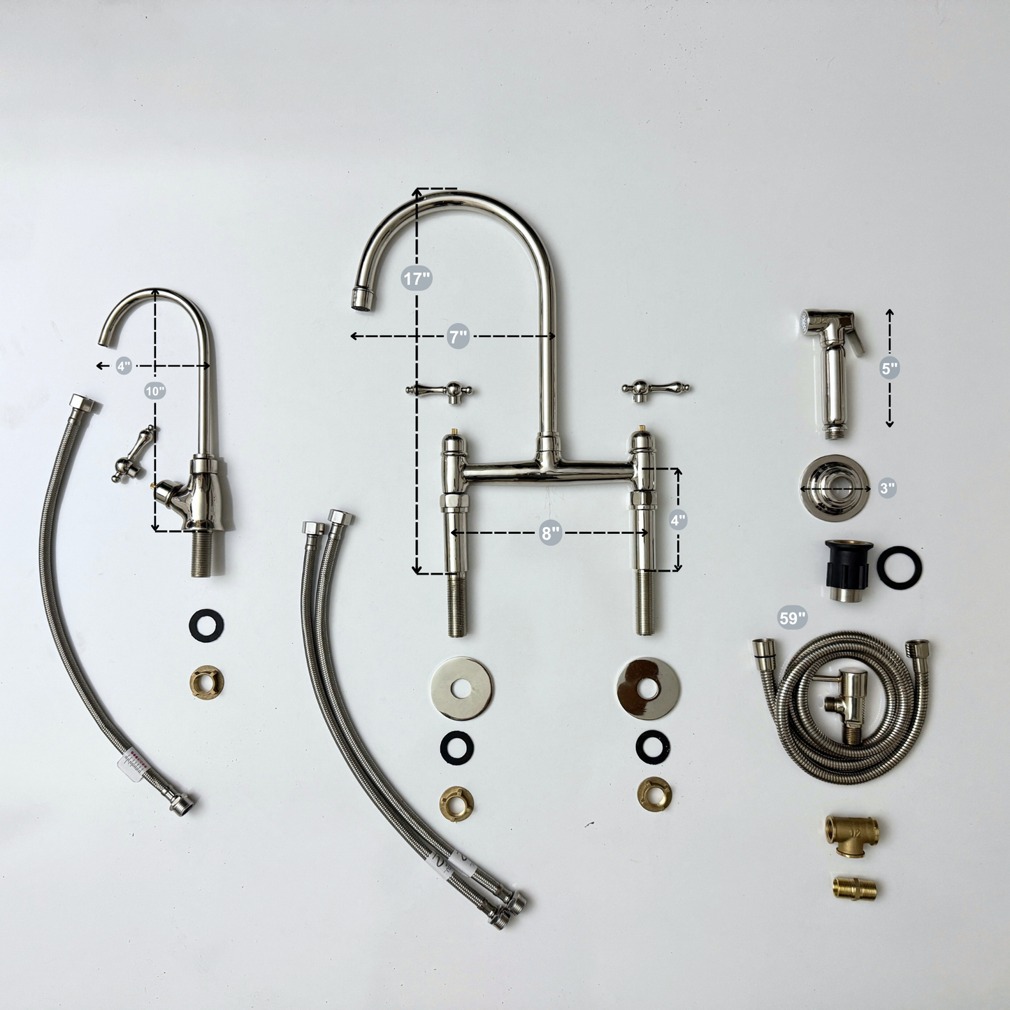 Polished Nickel Kitchen Bridge Faucet with Sprayer, Cold Water Faucet and Lever Handles