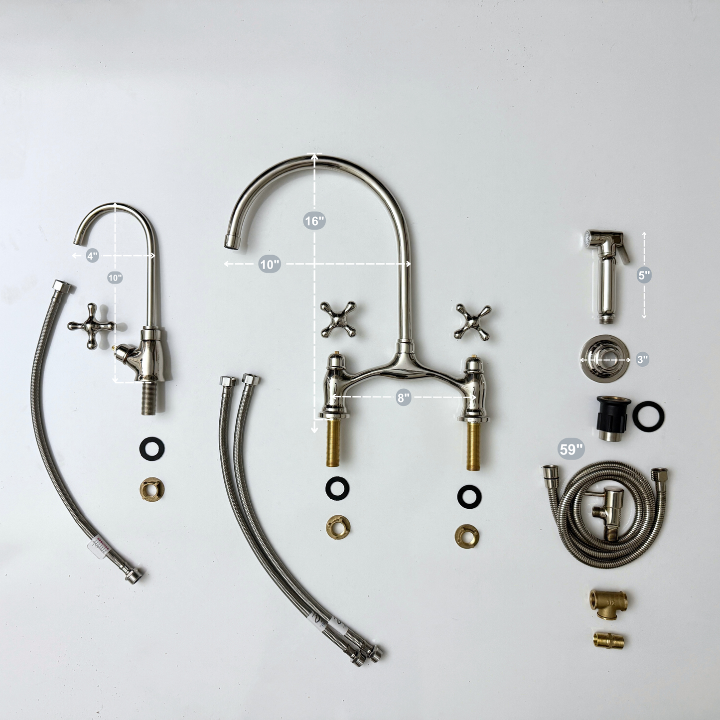 Polished Nickel Kitchen Bridge Faucet with Sprayer, Drinking Water Tap and Cross Handles