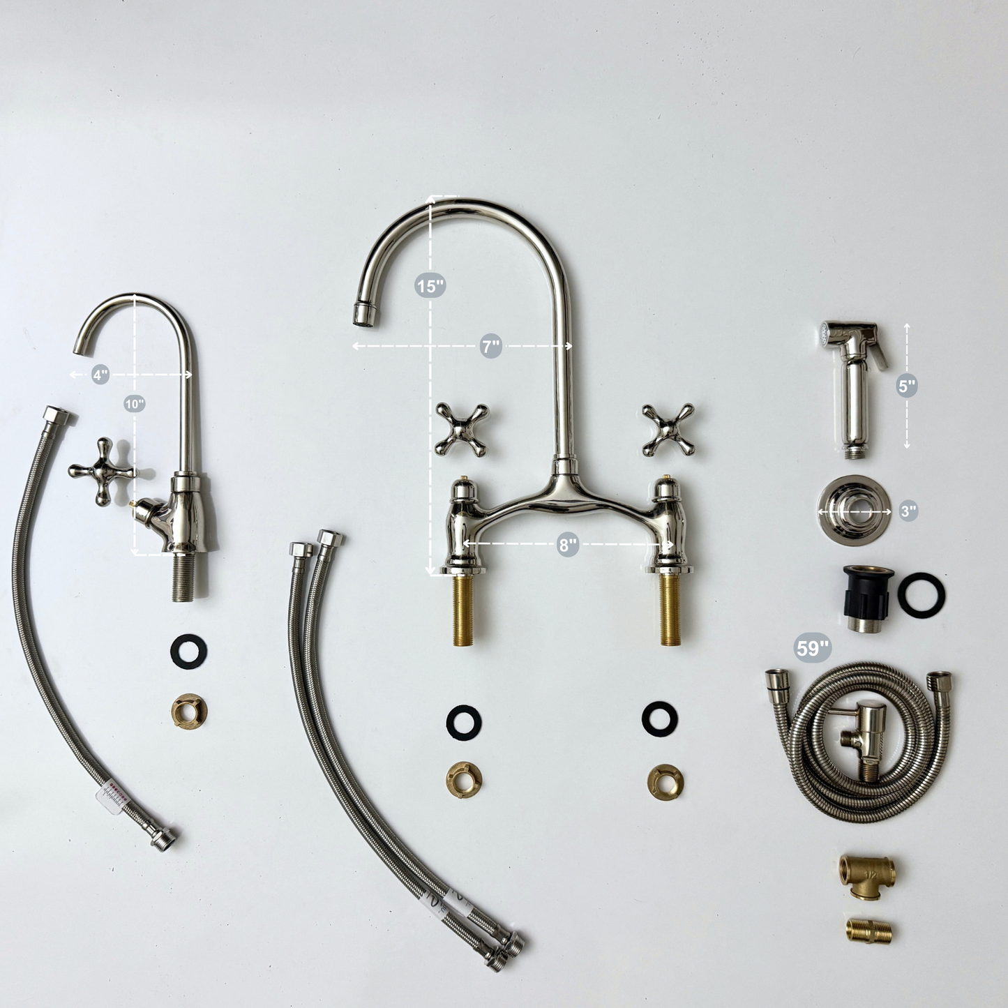 Polished Nickel Kitchen Bridge Faucet with Drinking Water Tap, Sprayer, and Cross Handles