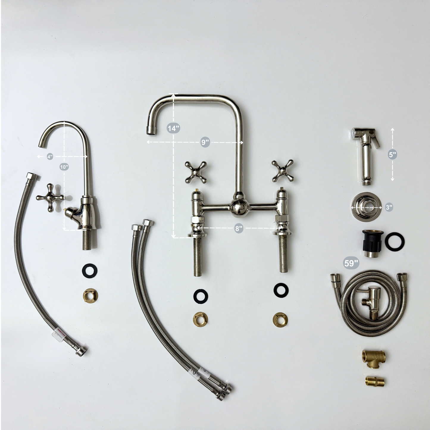 Polished Nickel Classic Bridge Faucet with Ball Center, Sprayer, Cold Water Faucet and Cross Handles