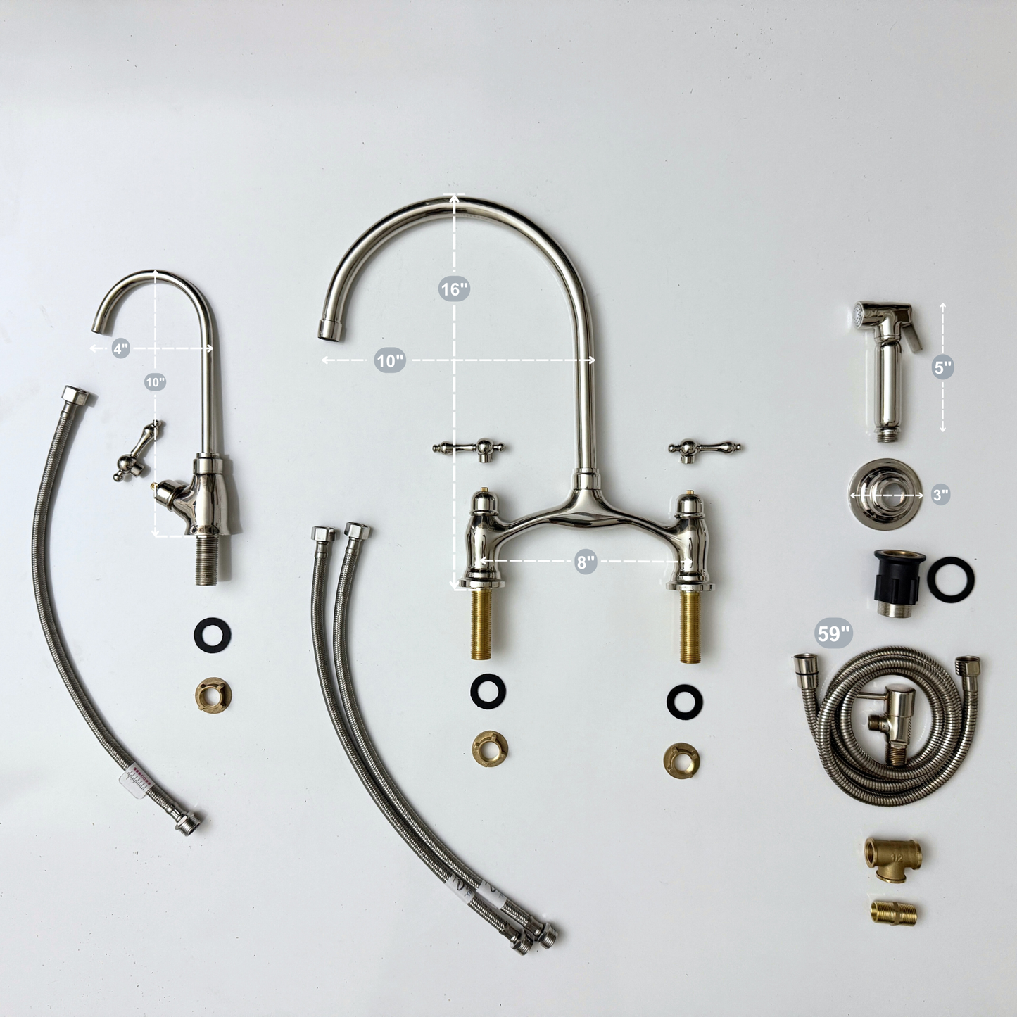 Polished Nickel Kitchen Bridge Faucet with Sprayer, Drinking Water Tap and Lever Handles