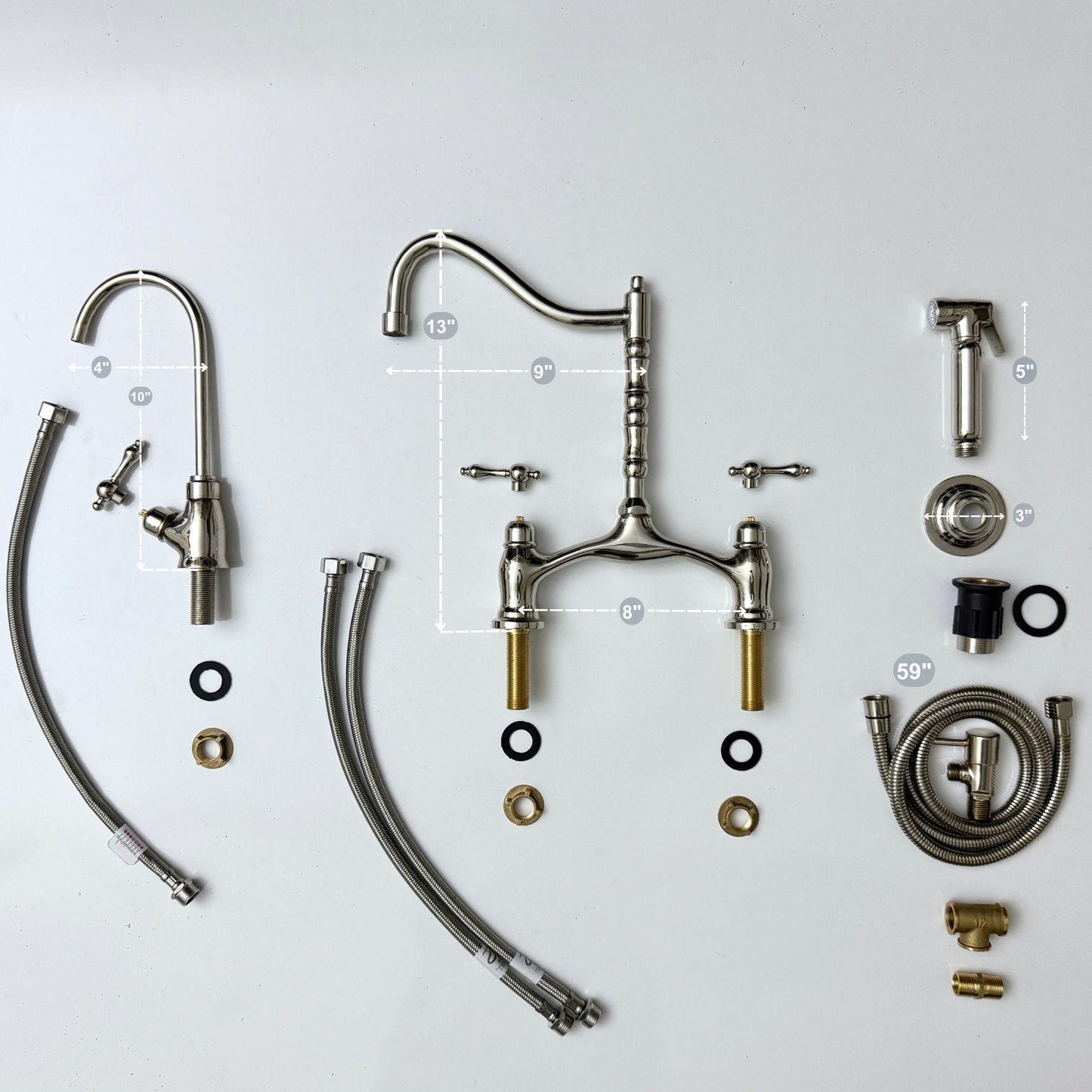 Polished Nickel Victorian Bridge Kitchen Faucet with Sprayer, Drinking Water Tap and Lever Handles