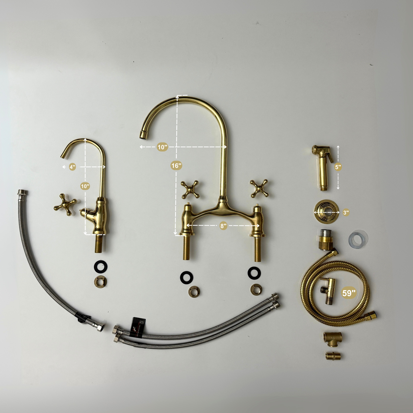 Unlacquered Brass Bridge Antique Faucet with Sprayer, Drinking Water Tap and Cross Handles