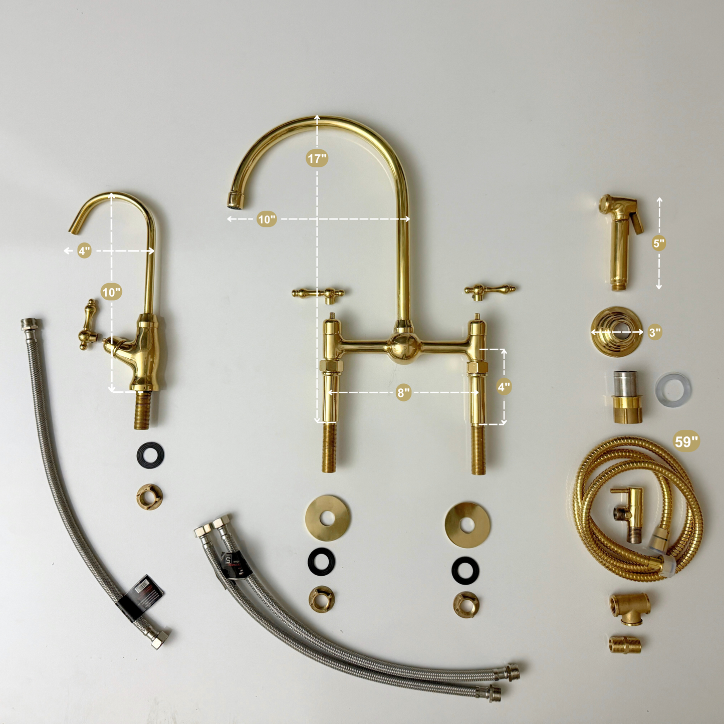 Unlacquered Brass Bridge Faucet with Sprayer, Cold Water Faucet, Straight Legs and Lever Handles
