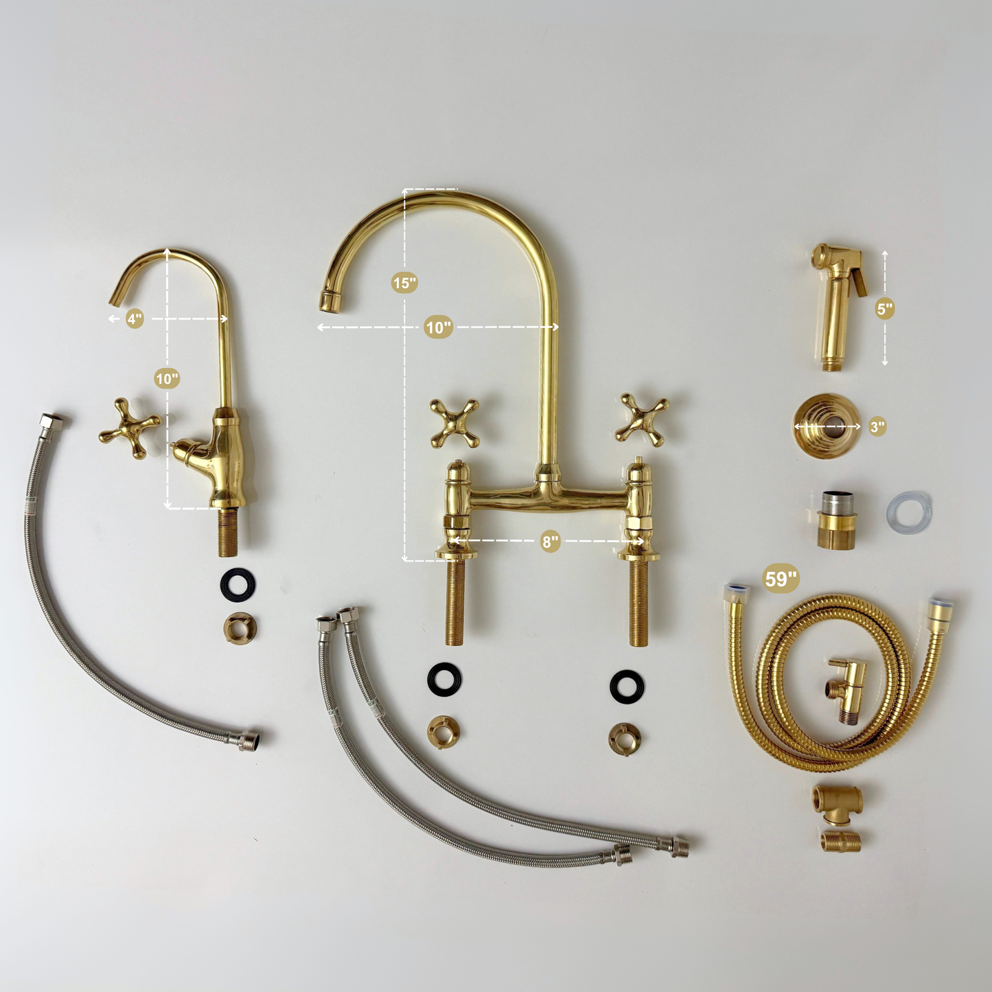 Unlacquered Brass Bridge Kitchen Faucet with Cold Water Faucet, Sprayer, and Cross Handles