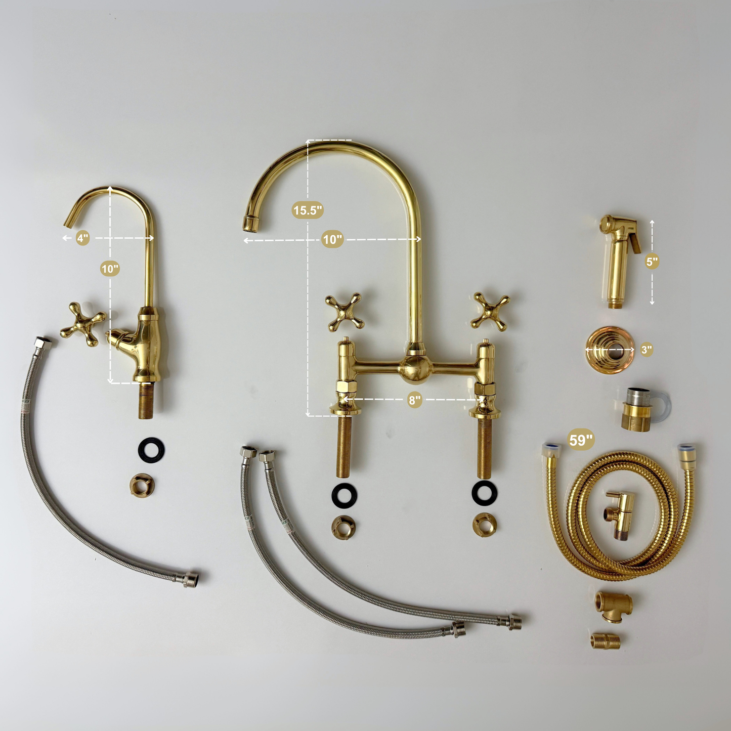 Unlacquered Brass Bridge Vintage Kitchen Faucet with Ball Center, Sprayer, Cold Water Faucet and Cross Handles