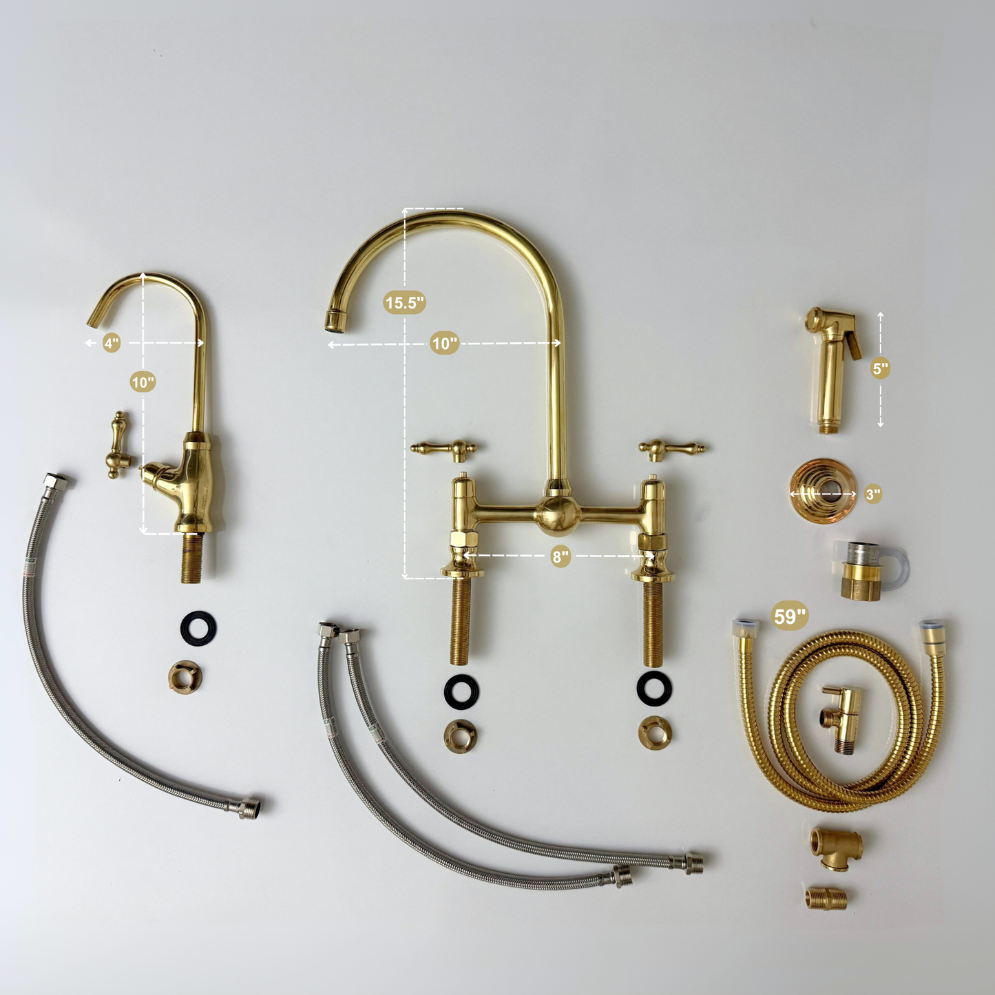 Unlacquered Brass Bridge Vintage Kitchen Faucet with Ball Center, Sprayer, Cold Water Faucet and Lever Handles