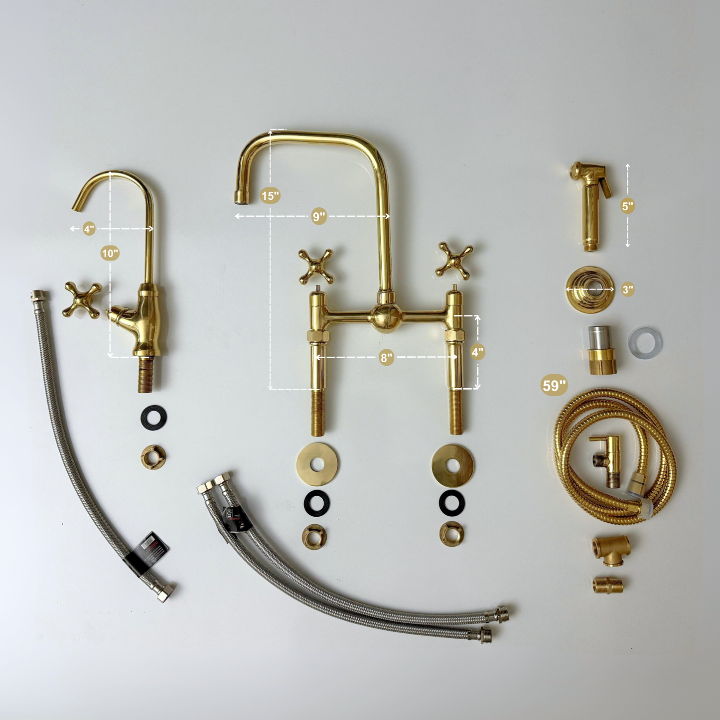 Unlacquered Brass Classic Bridge Faucet with Ball Center, Straight Legs, Sprayer, Cold Water Faucet and Cross Handles