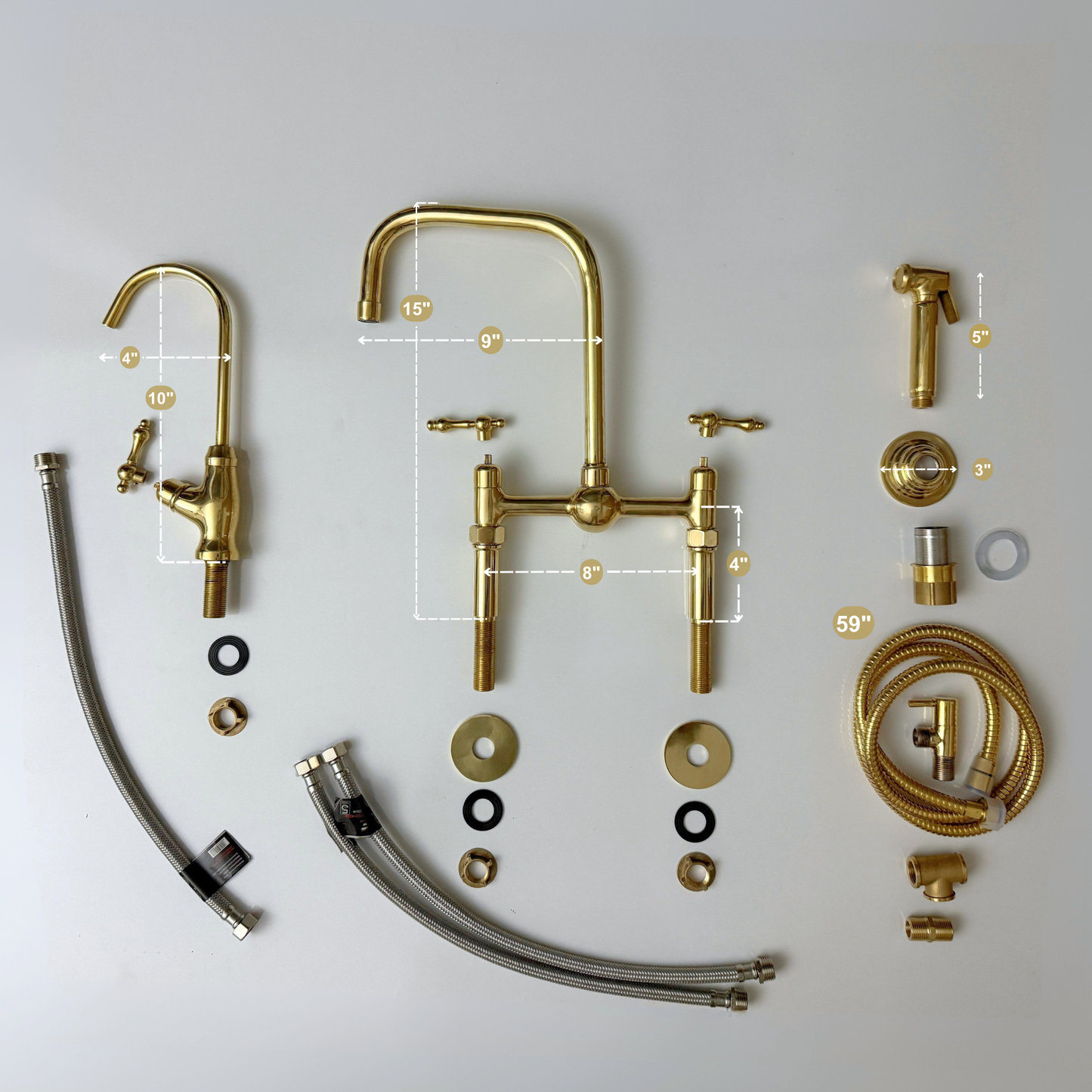 Unlacquered Brass Classic Bridge Faucet with Ball Center, Straight Legs, Sprayer, Cold Water Faucet and Lever Handles