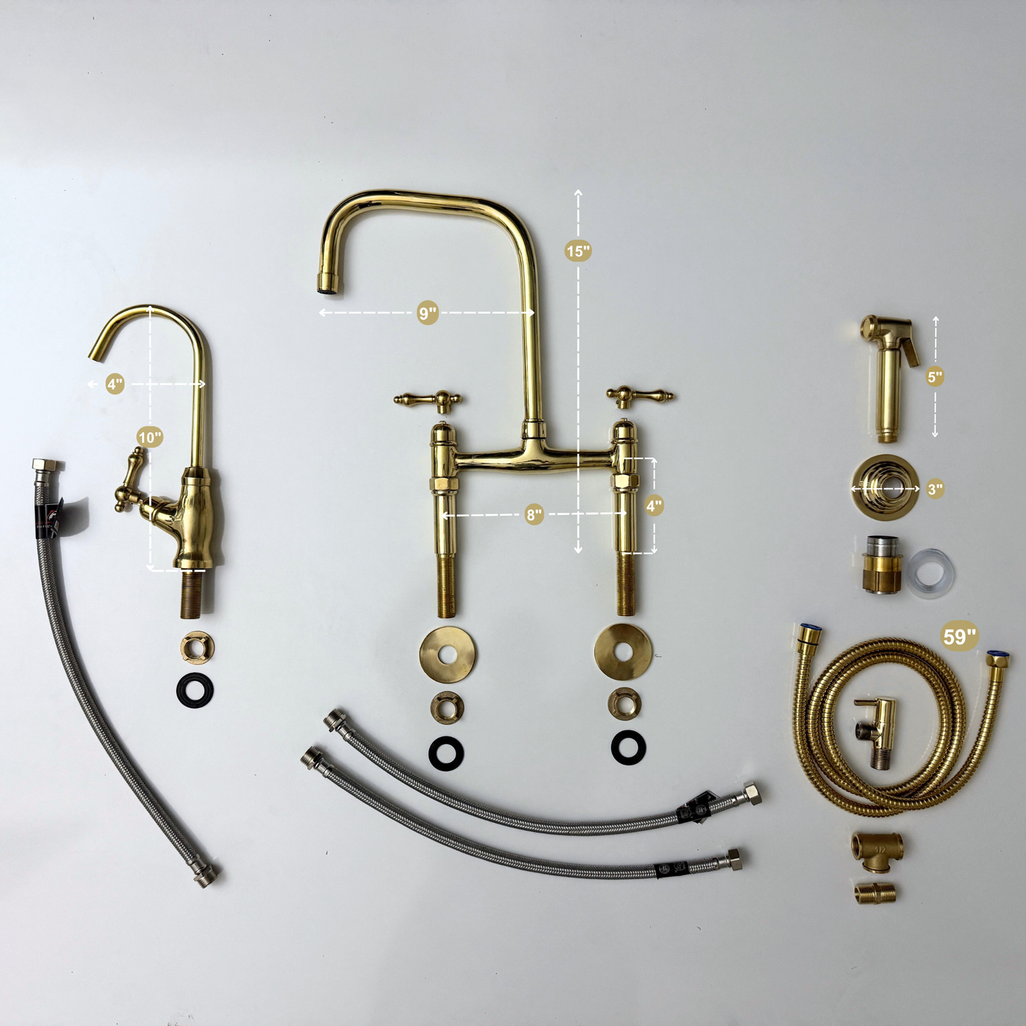 Unlacquered Brass Classic Bridge Faucet with Sprayer, Cold Water Faucet and Lever Handles