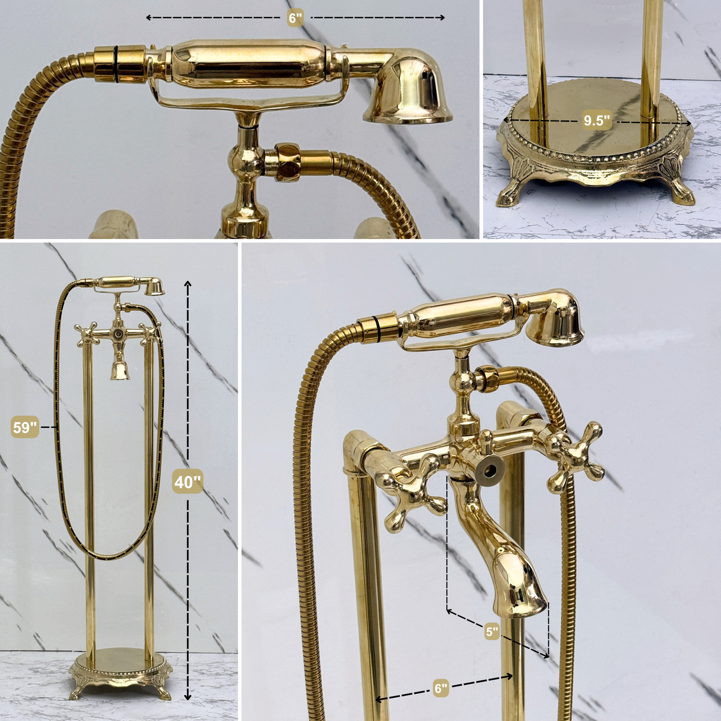 Unlacquered Brass Freestanding Bathtub Faucet, Solid Brass Clawfoot Tub Filler with Handheld Shower Head, Diverter and Cross Handles