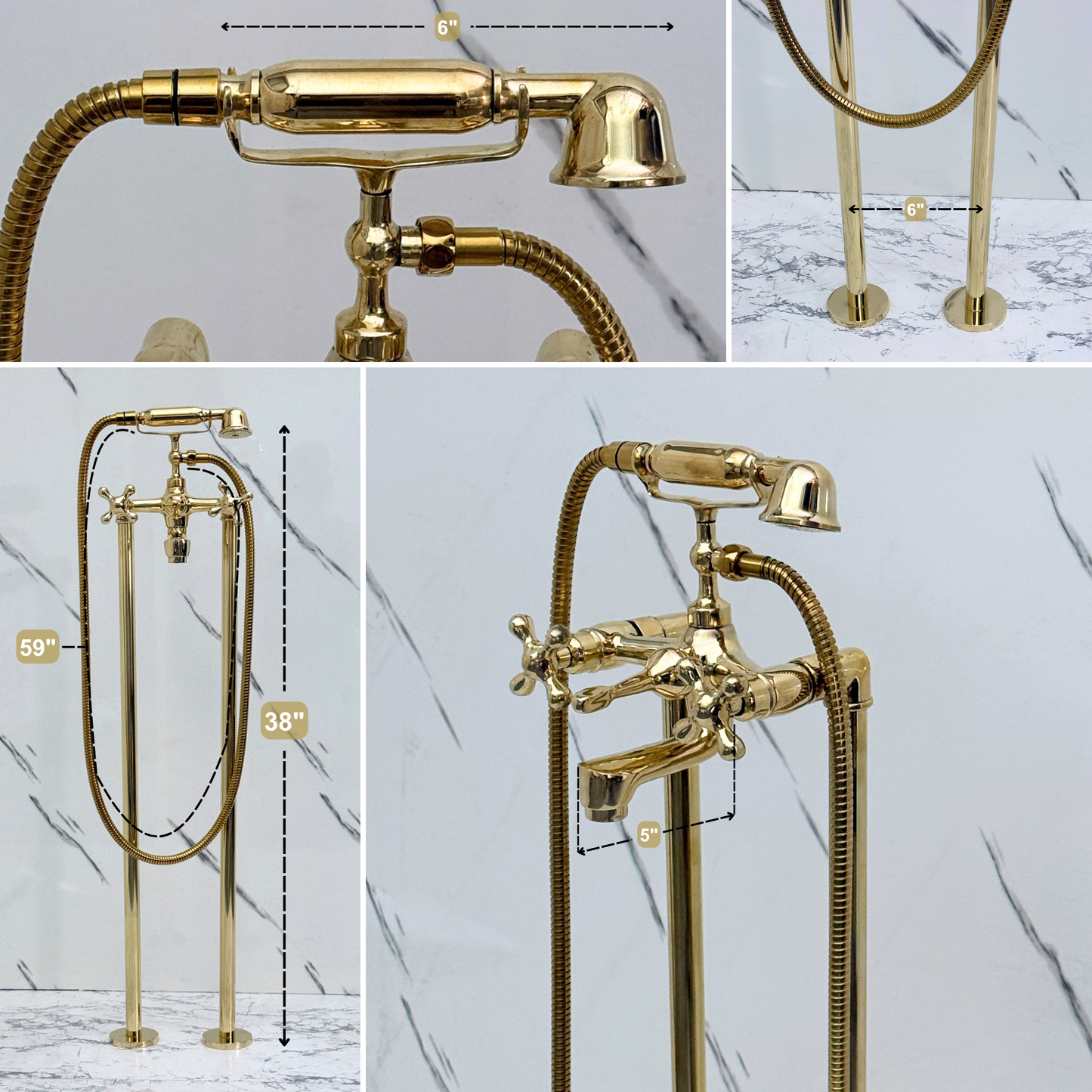 Unlacquered Brass Freestanding Bathtub Faucet, Solid Brass Tub Filler with Handheld Shower Head and Cross Handles