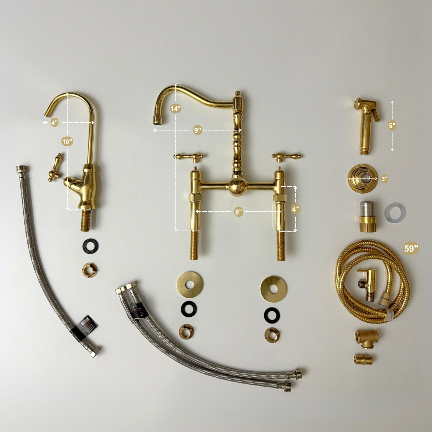 Unlacquered Brass Victorian Bridge Faucet with Sprayer, Cold Water Faucet, Straight Legs and Lever Handles
