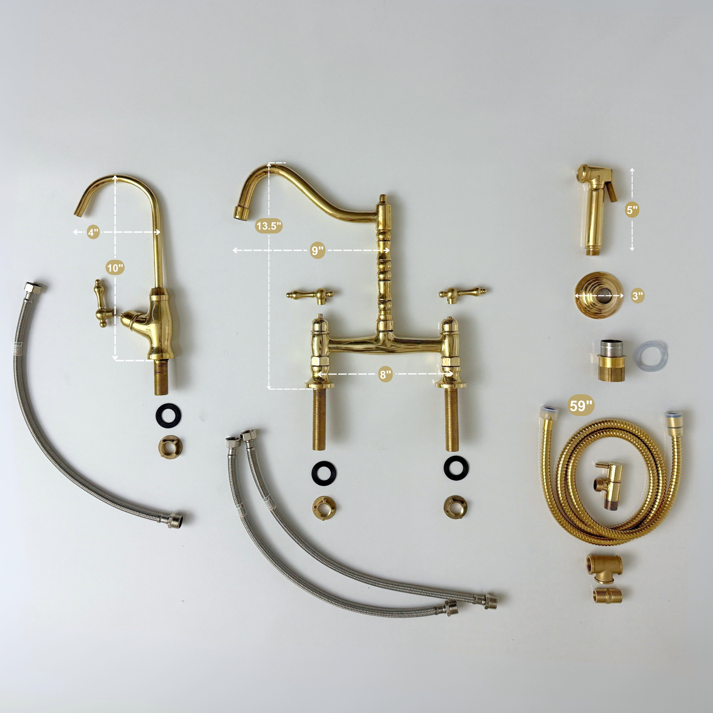 Unlacquered Brass Victorian Bridge Faucet with Cold Water Faucet, Sprayer and Lever Handles