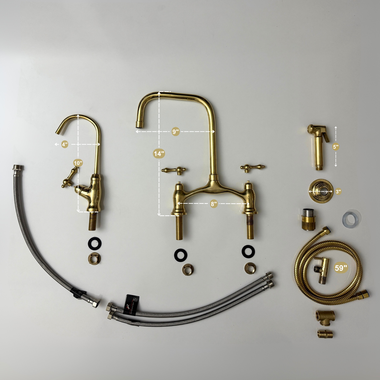 Unlacquered Brass Vintage Bridge Kitchen Faucet with Sprayer, Drinking Water Tap and Lever Handles