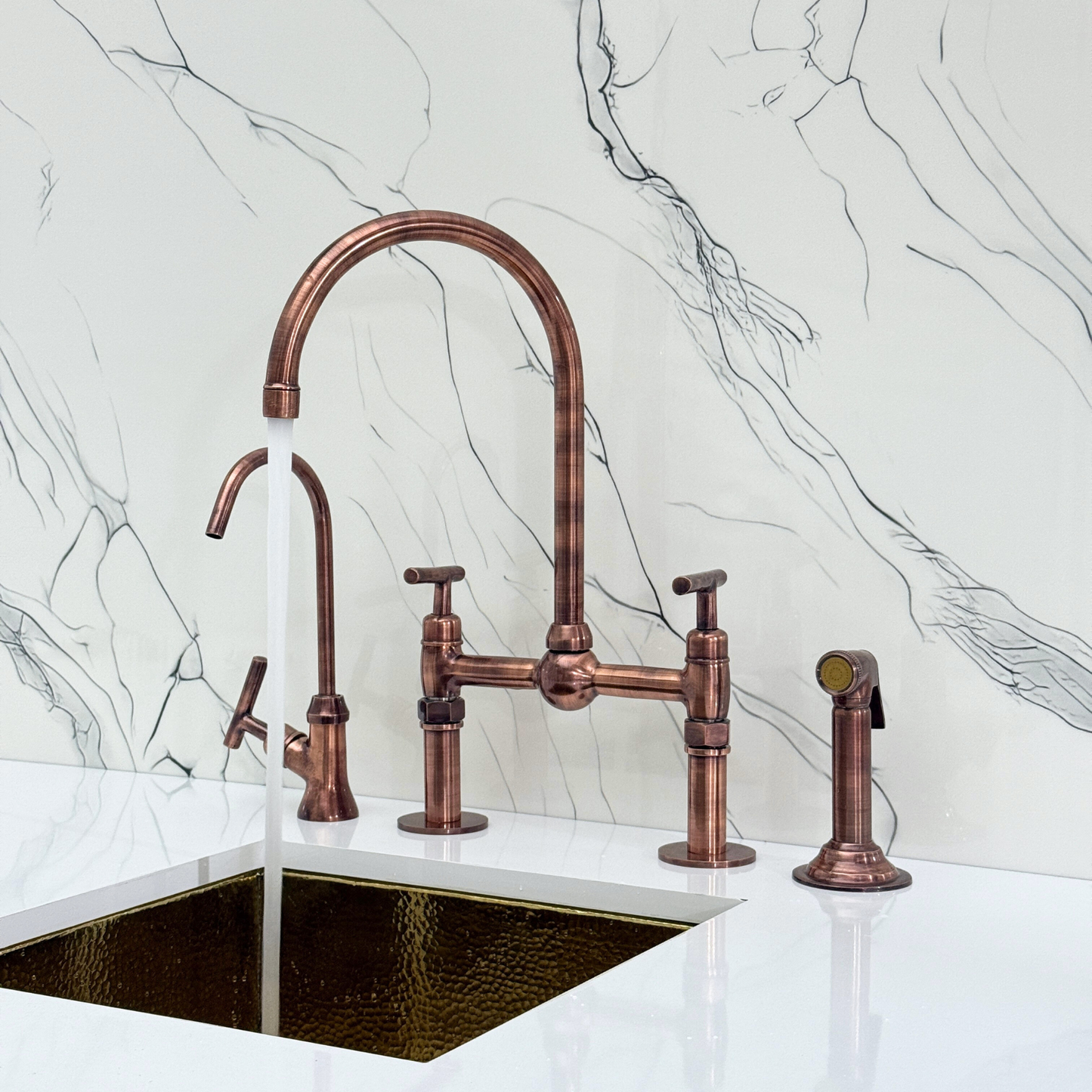 Antique Copper Kitchen Bridge Faucet with Ball Center, Sprayer, Cold Water Faucet, Straight Legs and Lever Handles