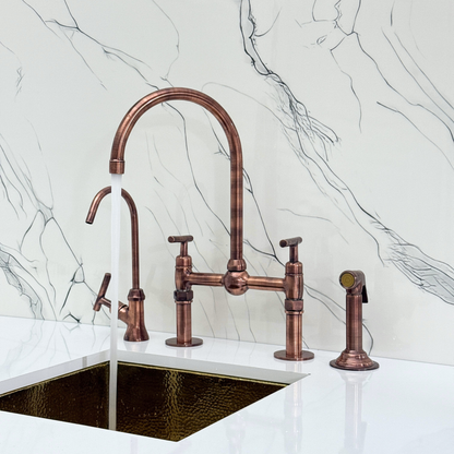 Antique Copper Kitchen Bridge Faucet with Ball Center, Sprayer, Cold Water Faucet, Straight Legs and Lever Handles