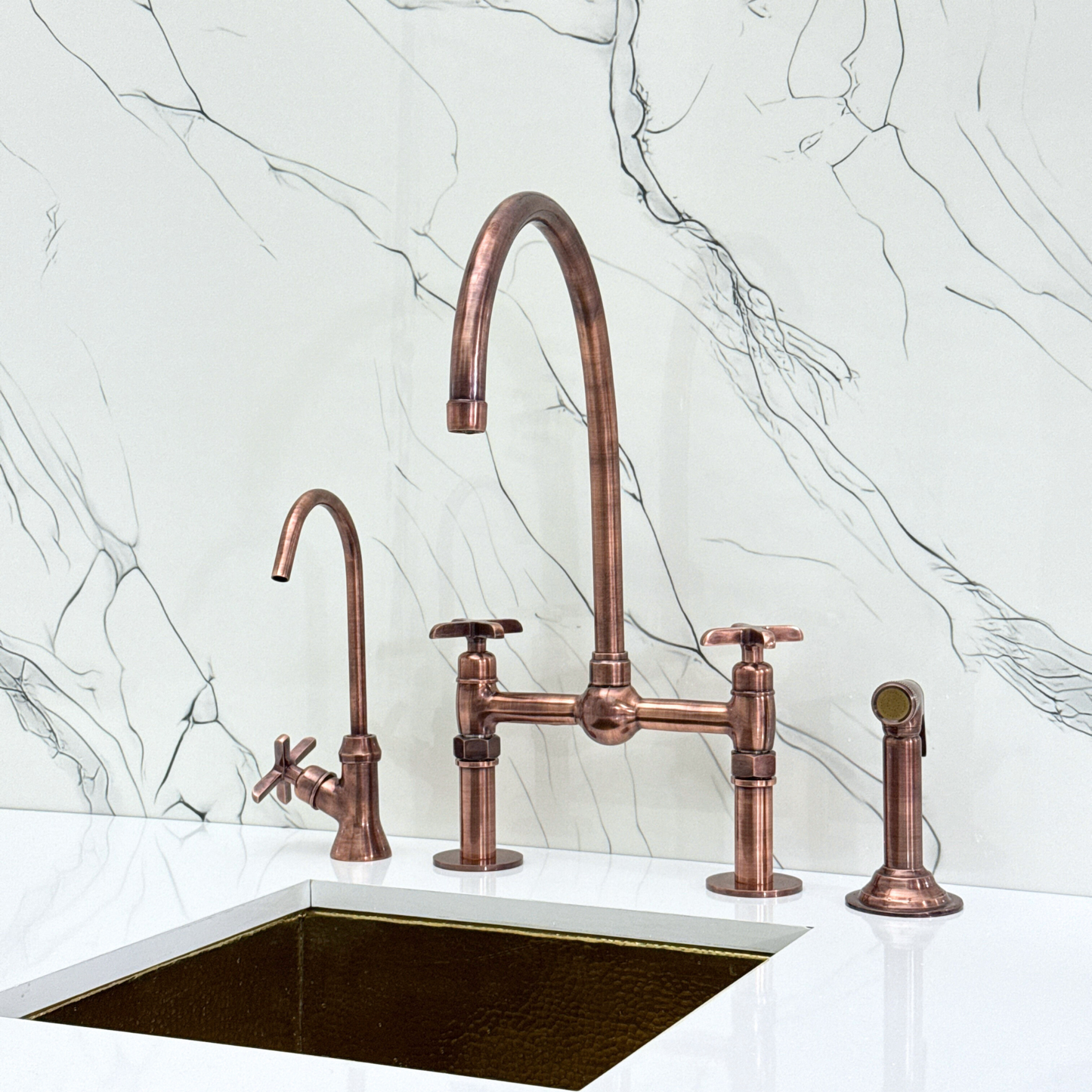 Antique Copper Bridge Faucet with Sprayer, Cold Water Faucet, Straight Legs and Cross Handles