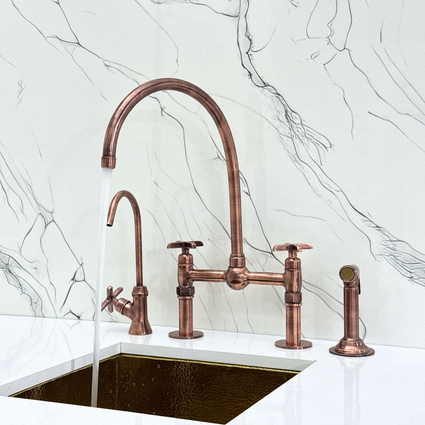 Antique Copper Bridge Faucet with Sprayer, Cold Water Faucet, Straight Legs and Cross Handles