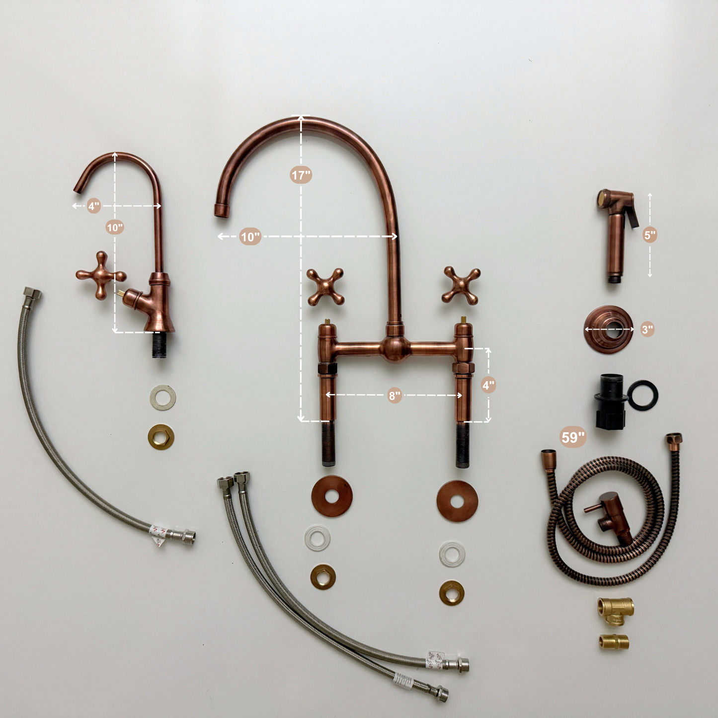 Antique Copper Bridge Faucet with Sprayer, Cold Water Faucet, Straight Legs and Cross Handles