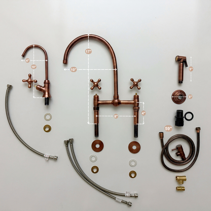 Antique Copper Bridge Faucet with Sprayer, Cold Water Faucet, Straight Legs and Cross Handles