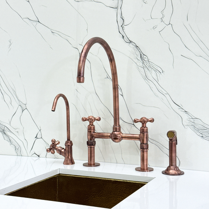 Antique Copper Bridge Faucet with Sprayer, Cold Water Faucet, Straight Legs and Cross Handles