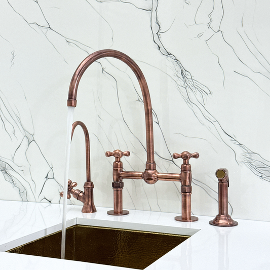 Antique Copper Bridge Faucet with Sprayer, Cold Water Faucet, Straight Legs and Cross Handles