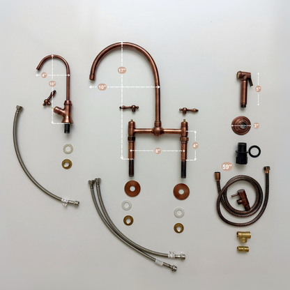 Antique Copper Bridge Faucet with Sprayer, Cold Water Faucet, Straight Legs and Lever Handles