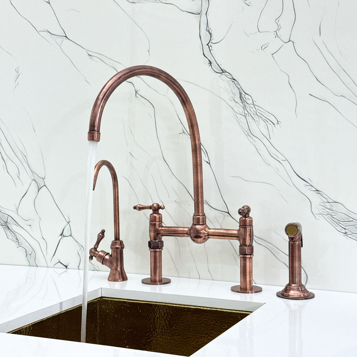 Antique Copper Bridge Faucet with Sprayer, Cold Water Faucet, Straight Legs and Lever Handles