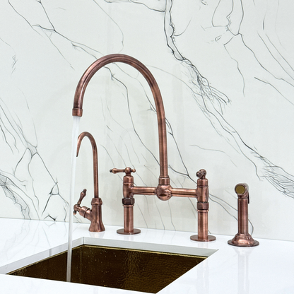 Antique Copper Bridge Faucet with Sprayer, Cold Water Faucet, Straight Legs and Lever Handles