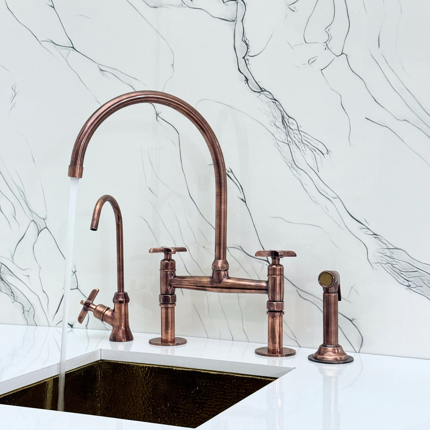 Antique Copper Bridge Faucet with Sprayer, Drinking Water Tap and Cross Handles