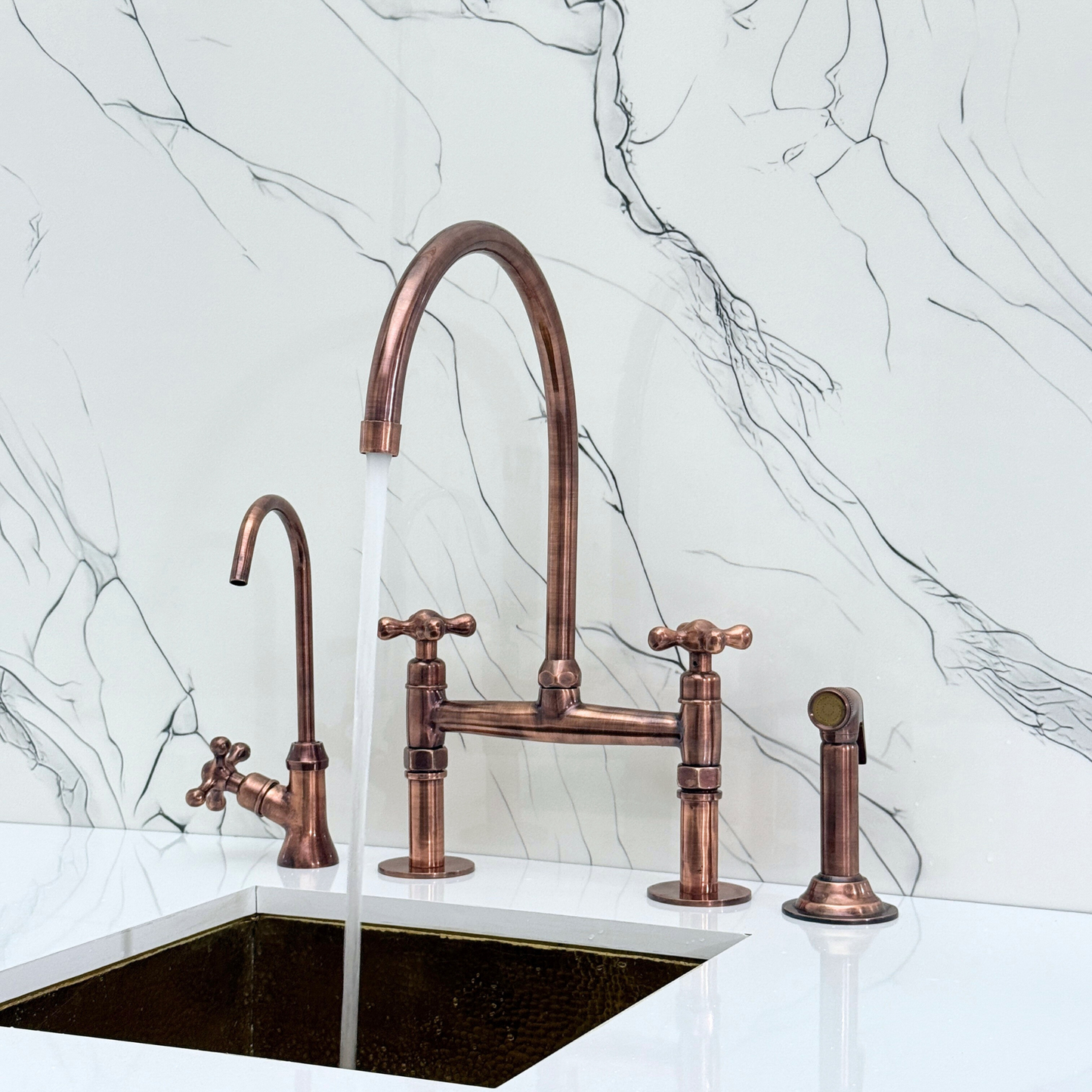 Antique Copper Bridge Faucet with Sprayer, Drinking Water Tap and Cross Handles